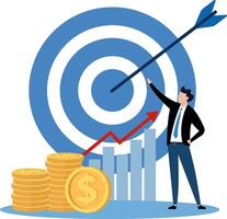 Illustration of a businessman standing with a dart in the middle of a large target, representing financial success, symbolizing growth and success. vector