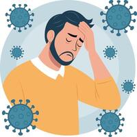 Illustration of a sick man. His facial expression shows discomfort. Around him are floating virus particles, which indicates illness or infection. vector