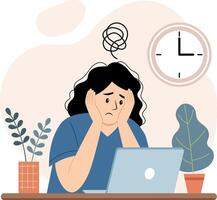 Illustration of a stressed and anxious woman sitting at a desk and a spiral symbol above his head representing stress. vector