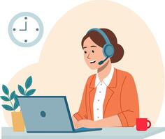 woman customer service representative working at a desk. She is typing on a laptop vector