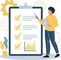 Illustration of a young man working, standing next to a large checklist, representing work efficiency and organization. vector