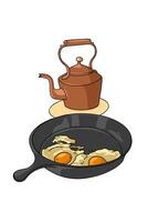 Fried eggs in a frying pan and a kettle for breakfast.food illustration on white background vector