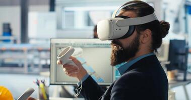 Photovoltaics engineer using VR goggles improving solar panels efficiency. Smart manufacturing plant worker using virtual reality tech researching cheaper solar solutions, camera B photo