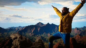 Proud explorer reaches top of mountain feeling satisfied and accomplished, scenic background of mountains and sky. Self improvement and new horizons. Camera A. photo