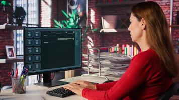Woman typing prompts into AI powered chat system on computer, advanced virtual assistant showcases futuristic algorithms and smart solutions for productivity and connectivity. Camera B. photo