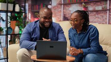 African ameircan people meeting with colleagues remotely on call, discussing about tasks details and meeting on teleconference for briefing. Man and woman chatting on web. Camera B. photo