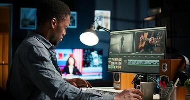 Filmmaker working on media post production from agency office, ensuring editing timeline and color grading for shoot. Tech driven workspace showcases digital workflow. Camera A. photo
