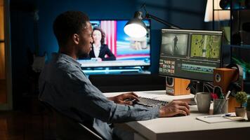 Filmmaker editing montage clips on coloring software at home, working on color correction and motion graphics to edit footage. Content creator editing clips on toolbar panels. Camera B. photo