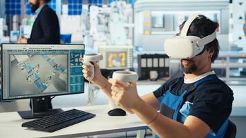 Solar panels specialist using VR headset to develop new technologies harnessing sun power. Factory researcher using virtual reality tech to improve photovoltaics efficiency, camera A photo