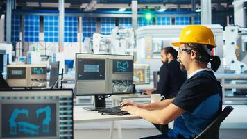 Photovoltaics engineer wearing yellow hardhat analyzing data, reviewing system metrics. Solar panels plant technician troubleshooting technical issues using computer software, camera A photo