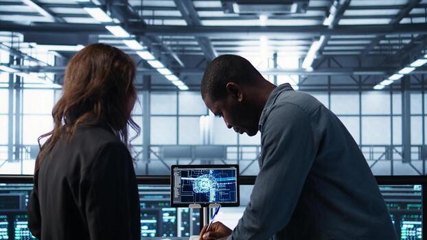 Manager meeting with client in data center using artificial intelligence tech, reaching deal. People doing handshake in AI based server room after checking files and finishing transaction, camera B photo