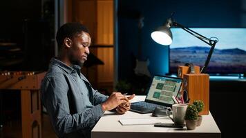 Independent freelancer creates reminder and reviews project data, doing handwritten notes and placing sticky notes to remember remote tasks. Researching articles. Camera B. photo