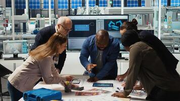 Factory engineers study detailed schematics of solar panel assembly lines, refining production layouts using tablet. Industrial plant experts outlining configurations for prototypes, camera A photo