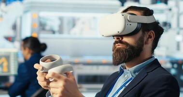 Photovoltaics expert using VR tech to build models of renewable energy generators. Solar panels technician building environmentally safe cells using virtual reality gear, camera B photo