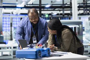 Black industry engineers team working together on solar panel systems during a production inspection, ensuring engineering accuracy, quality control and factory operations efficiency. photo