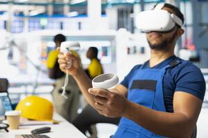 Solar panel factory specialist monitoring production line and performance using virtual reality high tech gear. Photovoltaics plant specialist employs VR headset for manufacturing. photo