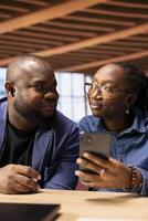 African american people participating in a conference for remote workshop, maintaining a digital connection for an effective online course and collaboration. Virtual call webinar. photo
