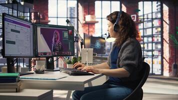 Photographer manages delivery service for a distribution company, focusing on packaging and express shipping. Freelancer using editing software to create content as a hobby, multitasking. Camera A. photo