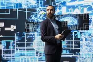 Young entrepreneur interacting with a digital AI brain symbolizing platforms, using deep learning and algorithm development for intelligent innovation and future tech strategy. photo
