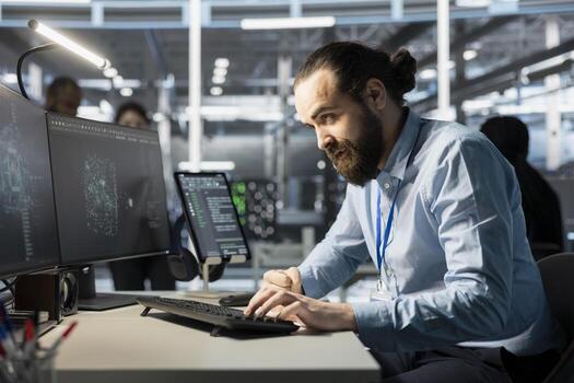 Software developer coding on computer, upgrading artificial intelligence server cabinets doing data intensive operations. IT specialist typing on PC keyboard, updating supercomputers systems photo