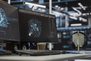 Close up of computer screens in server room monitoring artificial intelligence visualizing neural networks data and analytics. PC displays overseeing servers powering machine learning operations photo