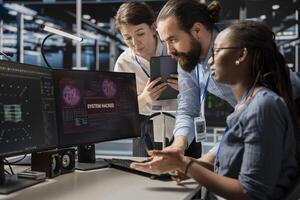 Engineering team in server room viewing security breach alert of zero day exploit vulnerability. Cybersecurity coworkers collaborating to trace intrusion origin and apply emergency patches photo