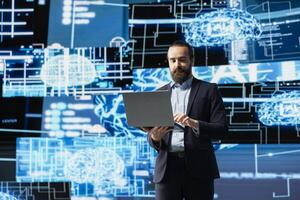 Tech savvy businessman reviewing AI brain programming for innovation, exploring algorithmic thinking and deep learning through neural network system. Virtual intelligence in the digital age. photo