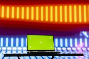 Empty neon scene blending cyber vibes with retro futuristic glow near copy space, making it ideal for creative mockup concepts or urban street style digital backgrounds. Minimalism. photo