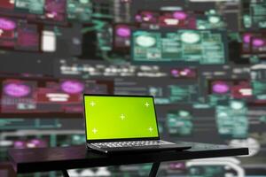 Scene reveals the strategy behind cyber attacks with chroma key on pc, malware and encryption weaknesses are exploited by hackers seeking to gain secure system access. Virtual threat. photo