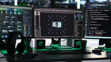 PCs in data center managing network resources using node tree software visualizing connections. Visual programming tools enabling efficient data processing and storage, handheld camera shot photo