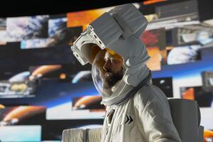 Curious astronaut standing on a distant planet in space suit and helmet, collecting a soil sample beneath a vast sky filled with stars. Exploring alien worlds and cosmic frontiers in a space craft. photo