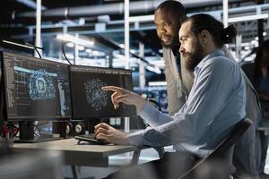 Team of technicians using PC in data center, integrating AI driven automation tools, doing maintenance. Server farm coworkers using artificial intelligence machine learning models photo