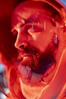 Close up of sick cosmonaut starting to lose consciousness from low oxygen levels after life support malfunction. Damaged spaceship crew member blacking out from environmental hazard photo