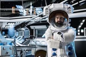 Portrait of astronaut wearing equipment helmet inside space station preparing for planetary mission outside. Man in spaceship beginning landing procedures on solar system planet photo