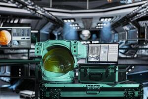 Space helmet next to laptop in spaceship showing core performance diagnostics during orbital flight. Astronaut equipment prepared for planetary expedition and notebook displaying spaceship readouts photo