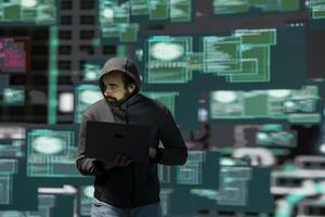 Digital attacker using coding and threat detection evasion to launch malware and penetrate secure access points. Highlighting cyber security risks, IT expert practices hacktivism. photo