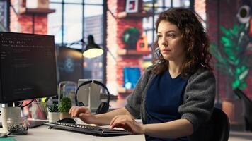 IT female technician uses coding language on computer at the agency, creating software to work on implementing algorithms. IT expert building applications with a programming interface. Camera B. photo