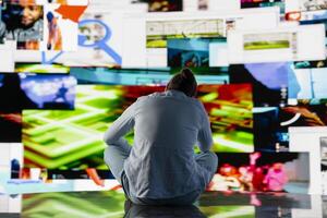 Visibly affected guy suffers from social anxiety due to excessive information on online platforms, obsessive social media overuse. Overwhelmed distressed man with low self esteem. photo