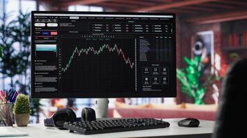 Empty workspace desktop running trading stock market trends in stylish apartment. PC used for monitoring investment numbers and candle stick charts, comfortable environment. photo