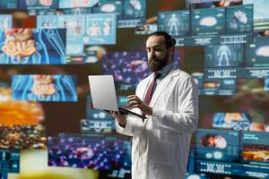 General practitioner leverages digital tools for better diagnostics and patient analysis, reflecting the future of medicine through technology and scientific advancement. Health innovation. photo