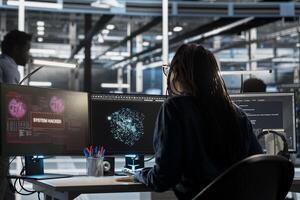 Data center engineer using AI visualization tool sees virus popup during security breach. Server farm worker using artificial intelligence analysis software interrupted by hacker attack stealing data photo