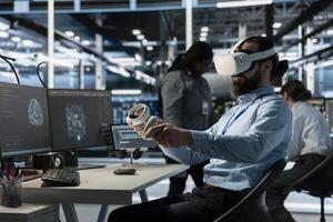 Software developer using VR headset tech to oversee server cabinets doing data intensive operations. IT specialist using virtual reality equipment to supervise supercomputers photo