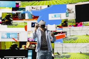 Young casual person uses virtual reality headset for a 3d web design, showcasing artificial intelligence for social media engagement. Influencer working on storytelling for digital world. photo