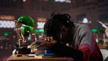 Female pupil struggling to stay focused and awake while researching, writing on bachelor paper at library in order to obtain university diploma. Complete studies. Camera A. photo