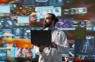 Young medic interacting with virtual health technology for telemedicine, connected systems and smart diagnostics in delivering global healthcare solutions. Biotechnology development. photo