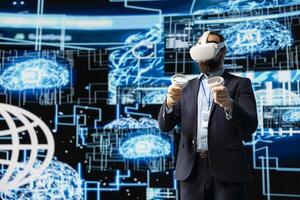 IT engineer works with vr headset and artificial intelligence brain, employs algorithmic programming within a futuristic interface for digital transformation and deep learning. AI ethics. photo