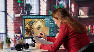 Remote worker in creative office uses CAD software and blueprints plan, design a house interior and provides a user interface for virtual home customization. Detailed architectural layout. Camera A. photo