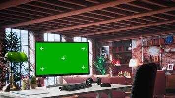 Luxurious apartment workspace with chroma key screen on clean empty desk. Spacious interior features wood and glass elements, creating refined and cozy ambiance with artistic flair. photo