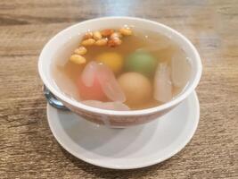 Wedang ronde is a traditional Indonesian drink,especially from Java, served warm with a sweet and spicy taste. This drink consists of warm ginger sauce and sticky rice balls filled with mashed peanuts photo