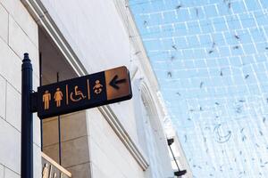 Directional sign indicating restrooms and accessibility features in public space. photo